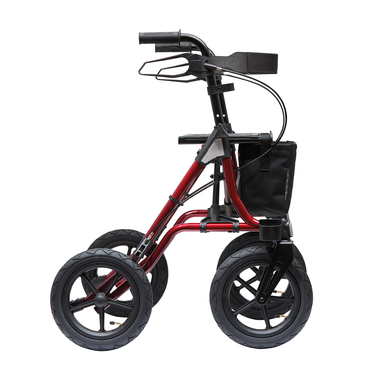Dietz TAiMA XC Air outdoor rollator in metallic red, side view with bag