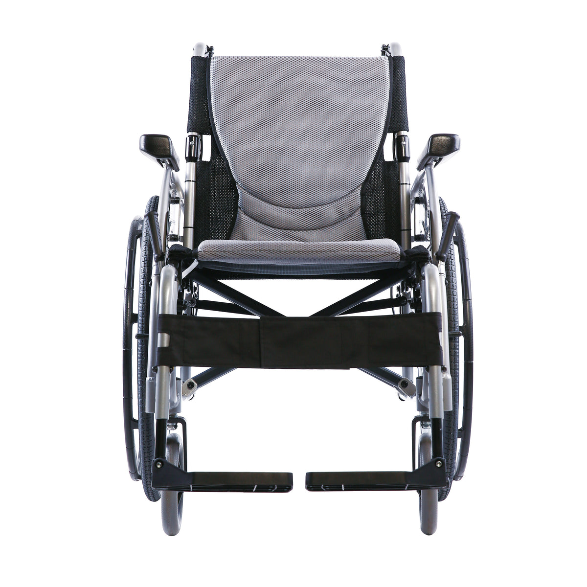 Karma Ergo 125 SP wheelchair, front view showing flip-up armrests