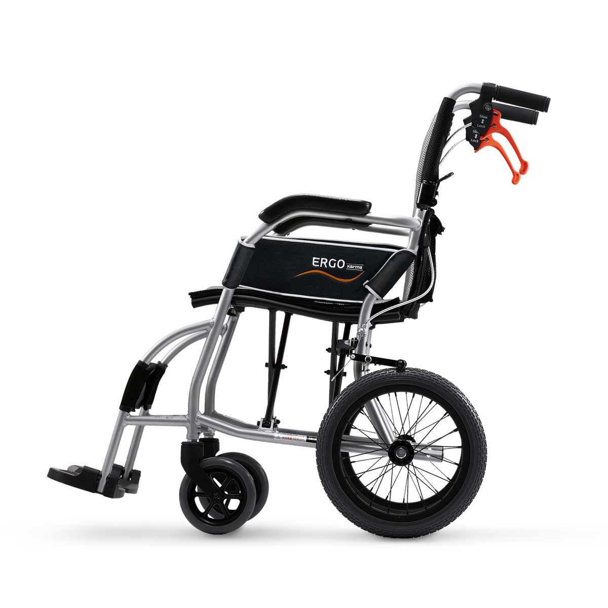 Karma Ergo Lite transit wheelchair, angled front view