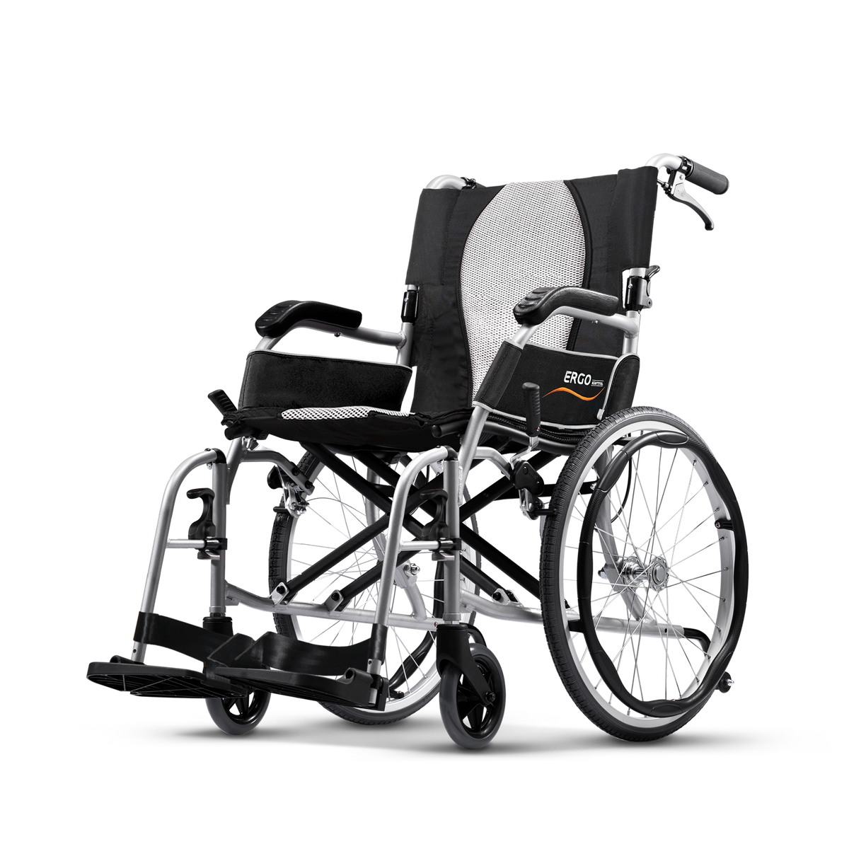 Karma Ergo Lite 2 SP self-propel wheelchair, side view, silver frame with 20 inch rear wheels