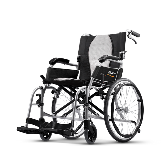 Karma Ergo Lite 2 SP self-propel wheelchair, side view, silver frame with 20 inch rear wheels