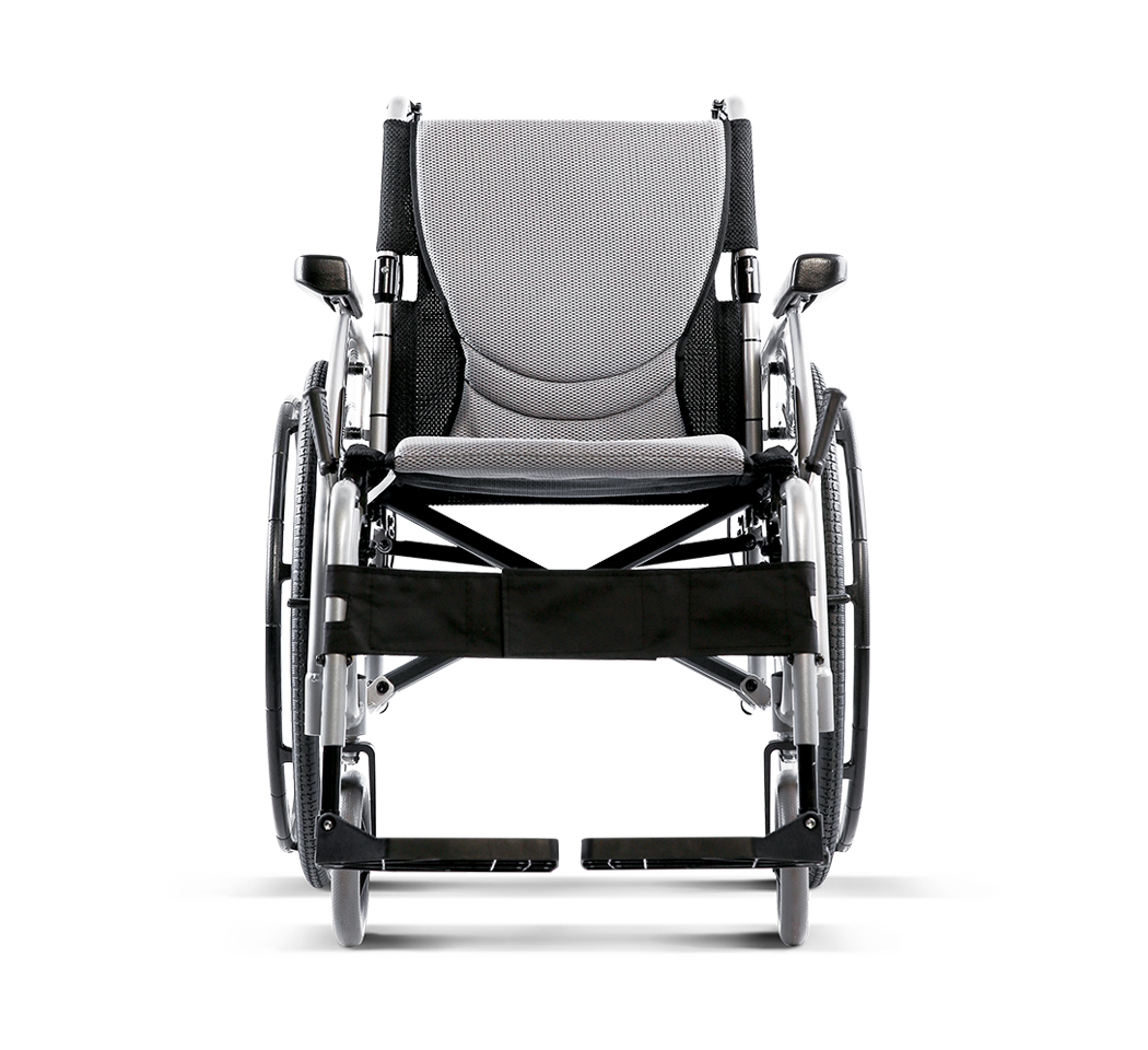 Karma S-Ergo 115 wheelchair, front view showing fixed armrests