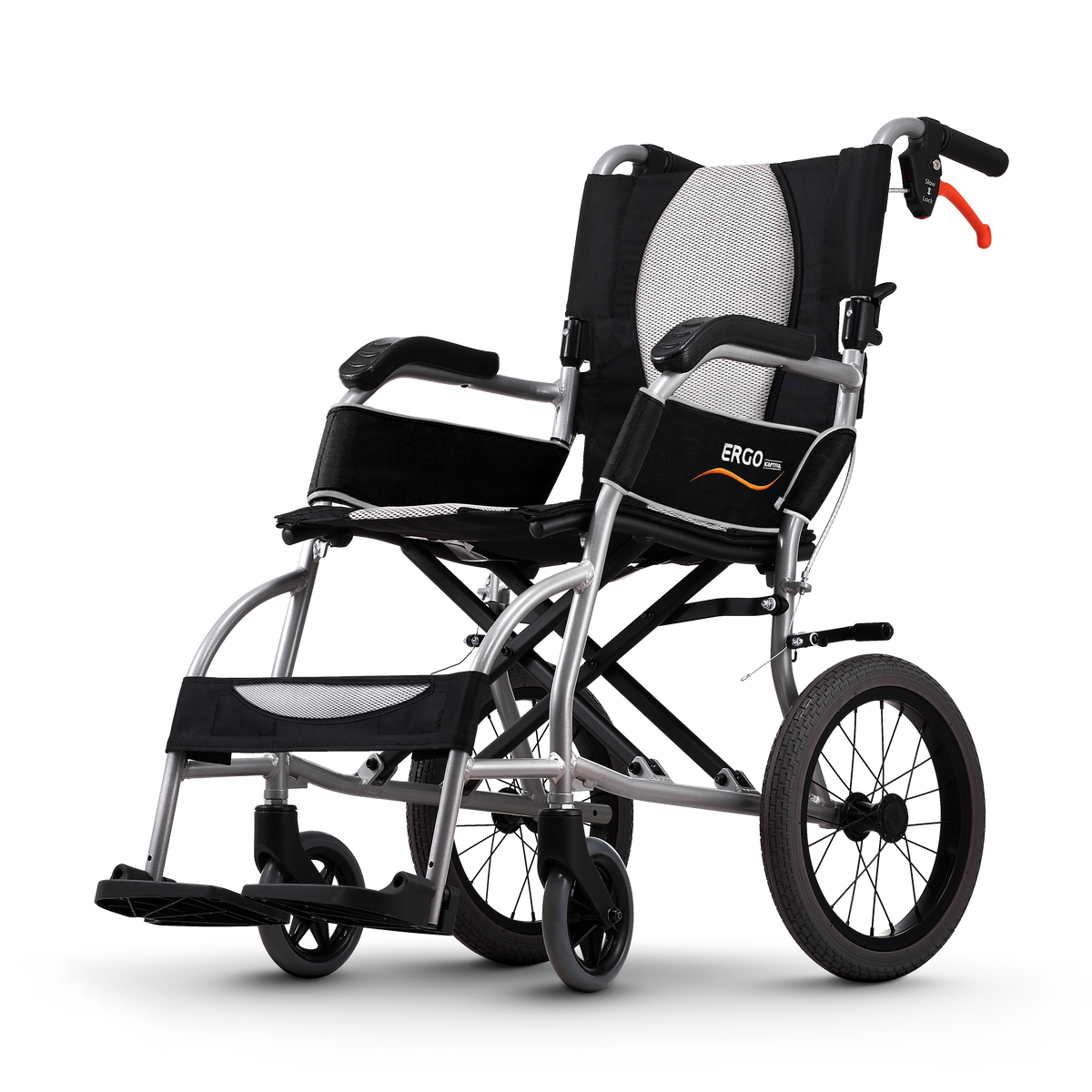 Karma Ergo Lite transit wheelchair, side view, silver frame