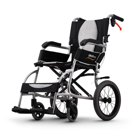 Karma Ergo Lite transit wheelchair, side view, silver frame