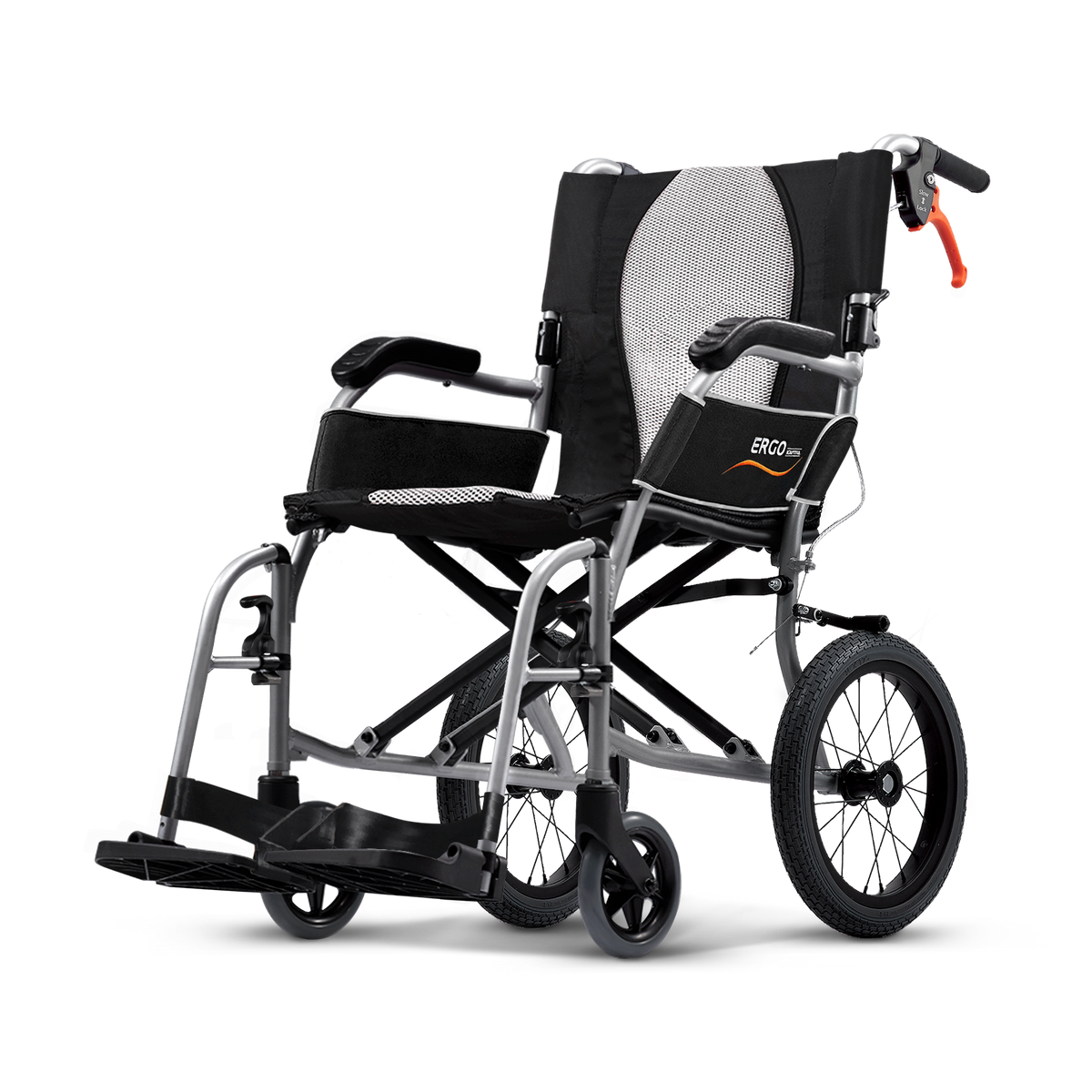 Karma Ergo Lite 2 Transit wheelchair, side view, silver frame with 14 inch rear wheels