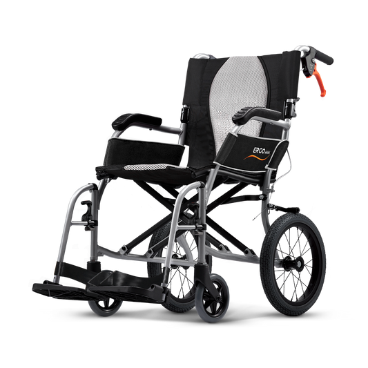 Karma Ergo Lite 2 Transit wheelchair, side view, silver frame with 14 inch rear wheels
