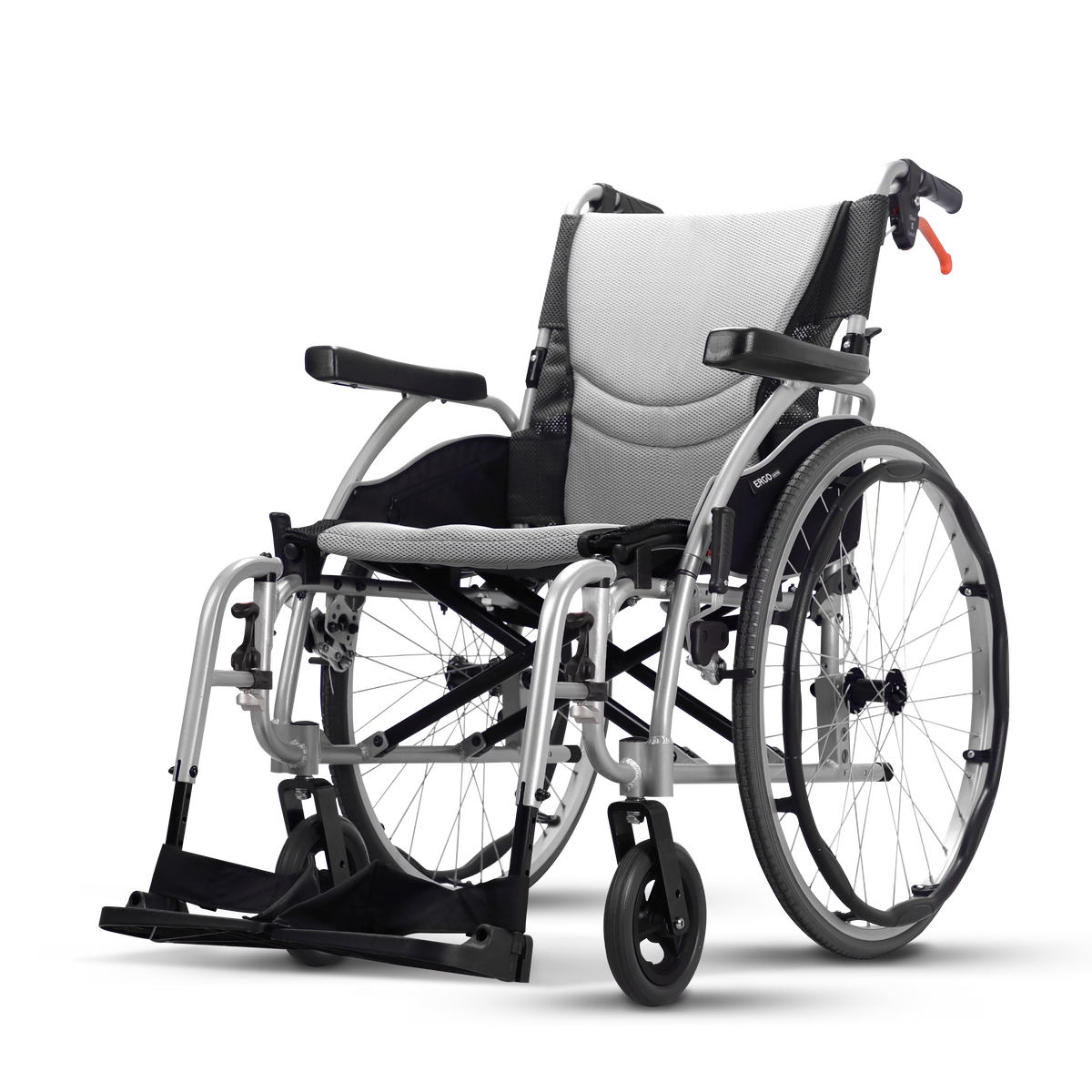 Karma Ergo 3 self-propel wheelchair, side view, pearl silver frame with 24 inch rear wheels