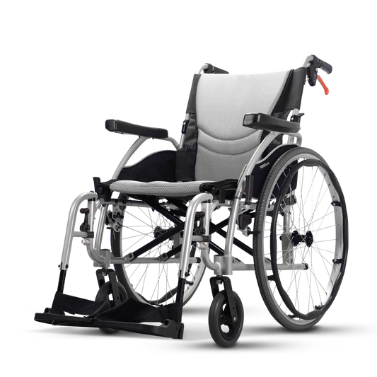 Karma Ergo 3 self-propel wheelchair, side view, pearl silver frame with 24 inch rear wheels