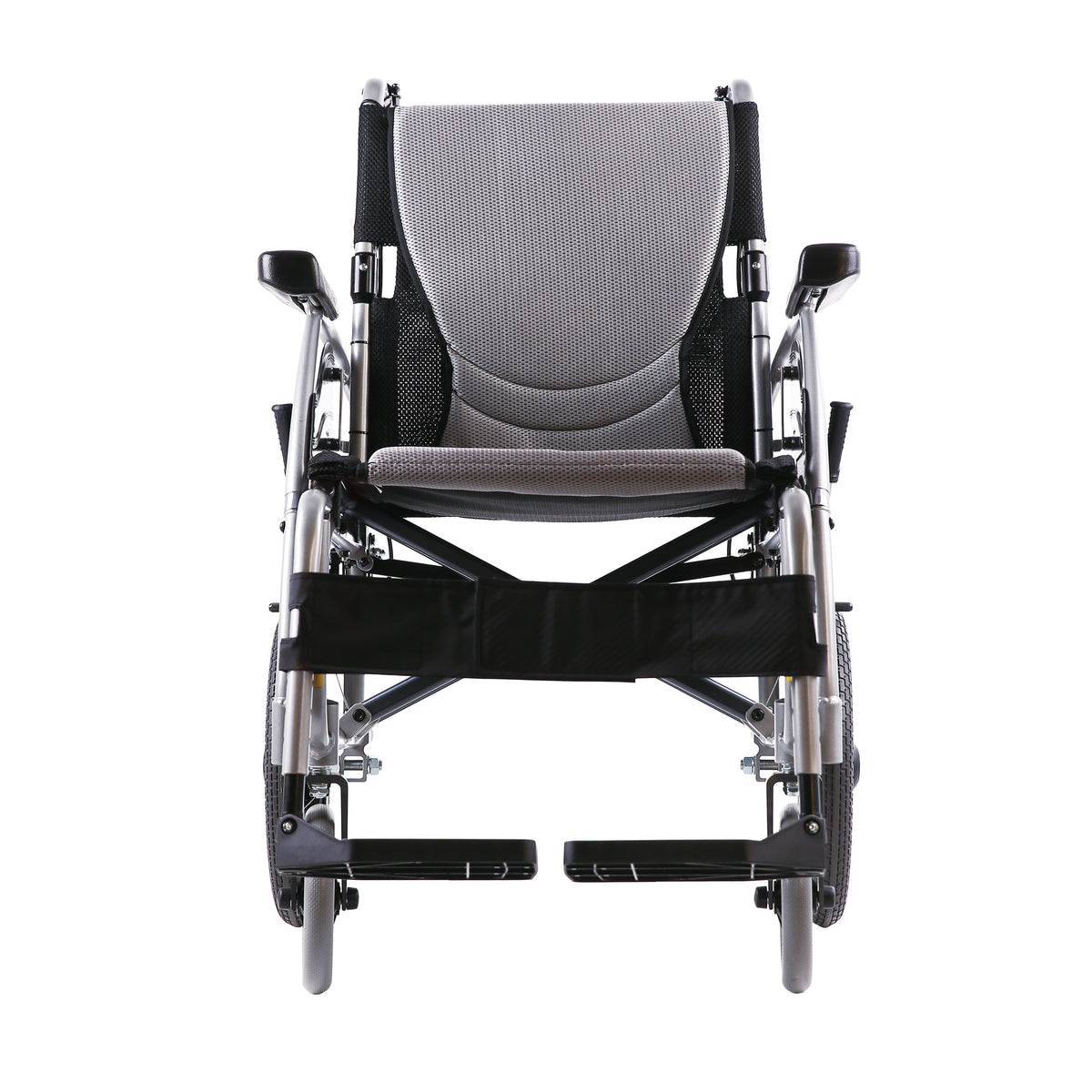Karma Ergo 125 Transit wheelchair, front view showing flip-up armrests