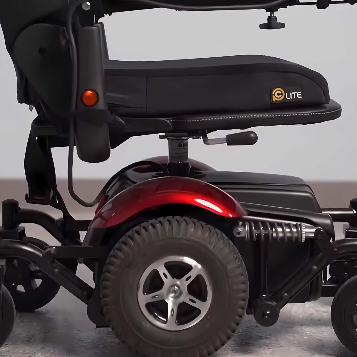 Merits Vision Sport Powerchair - wheel and LiNX controller detail